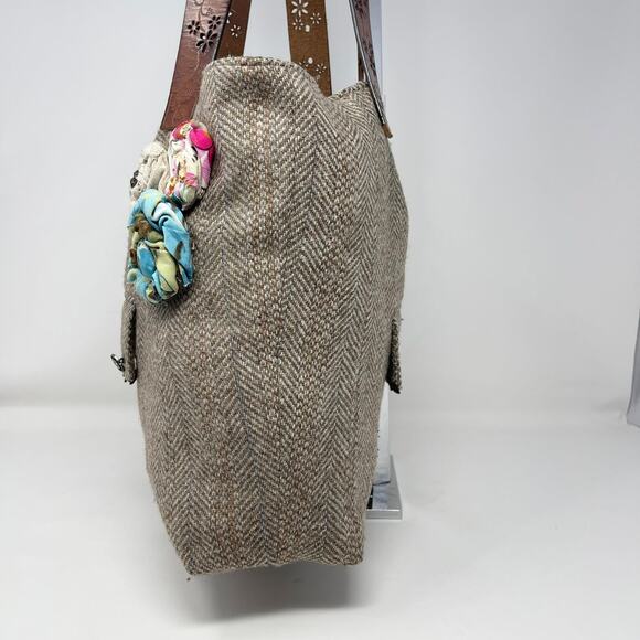 Y2K Handmade Reversible Tote Bag Brown Tweed Blue Flowers Buttons Leather Belt - Picture 7 of 14